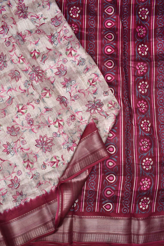 Light Beige Printed Cotton Self Check Floral Print Maroon Border Saree