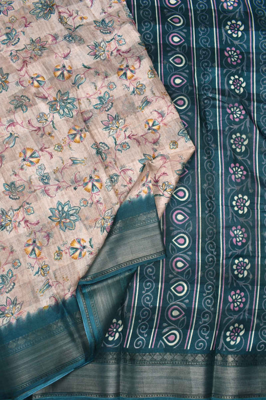 Light Beige Printed Cotton Self Check Floral Print Teal Green Border Saree