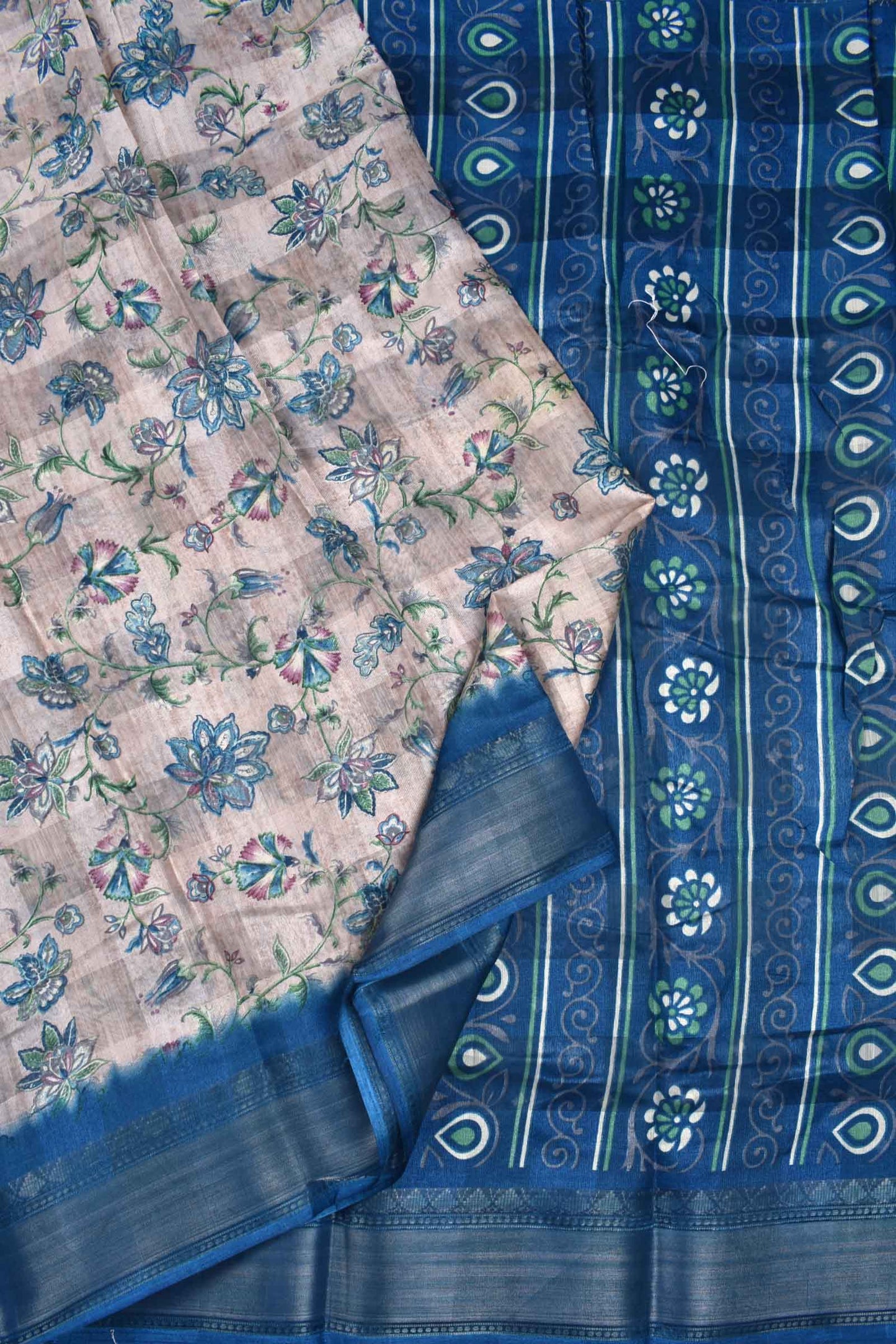 Light Beige Printed Cotton Self Check Floral Print  Blue Border Saree