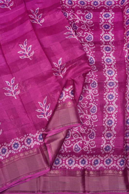 Dark Rose Printed Cotton Self Check Floral Design Printed Blouse Saree