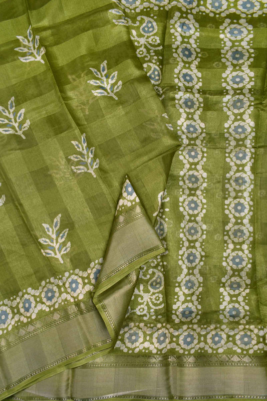 Fern Green Printed Cotton Self Check Floral Design Printed Blouse  Saree