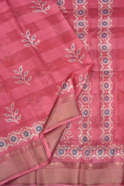 Barbie Pink Printed Cotton Self Check Floral Design Printed Blouse Saree