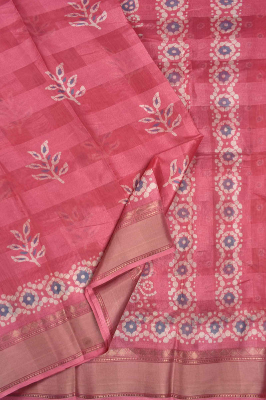 Barbie Pink Printed Cotton Self Check Floral Design Printed Blouse Saree