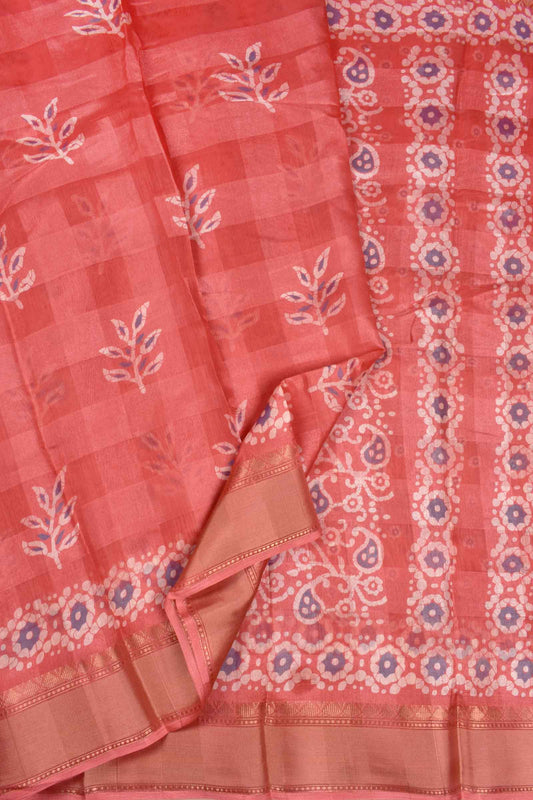 Peach Printed Cotton Self Check Floral Design Printed Blouse Saree