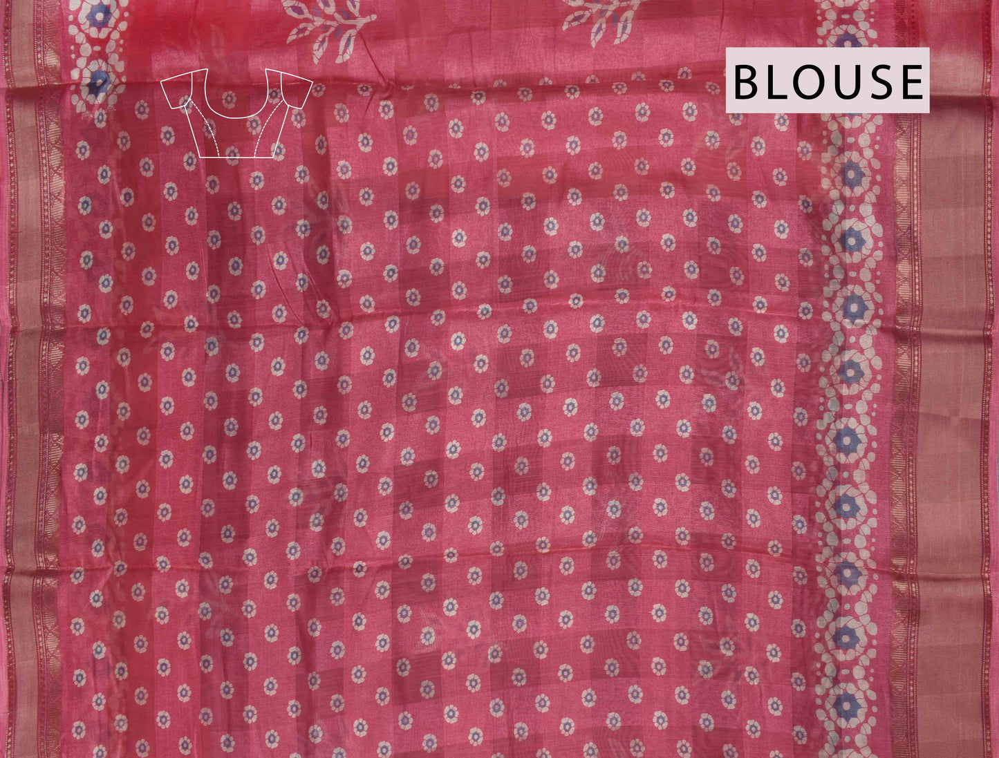 Barbie Pink Printed Cotton Self Check Floral Design Printed Blouse Saree