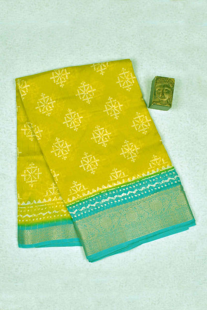 Lime Yellow Soft Marshmallow Fancy Print Contrast Blue Border Saree