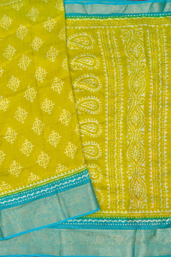 Lime Yellow Soft Marshmallow Fancy Print Contrast Blue Border Saree