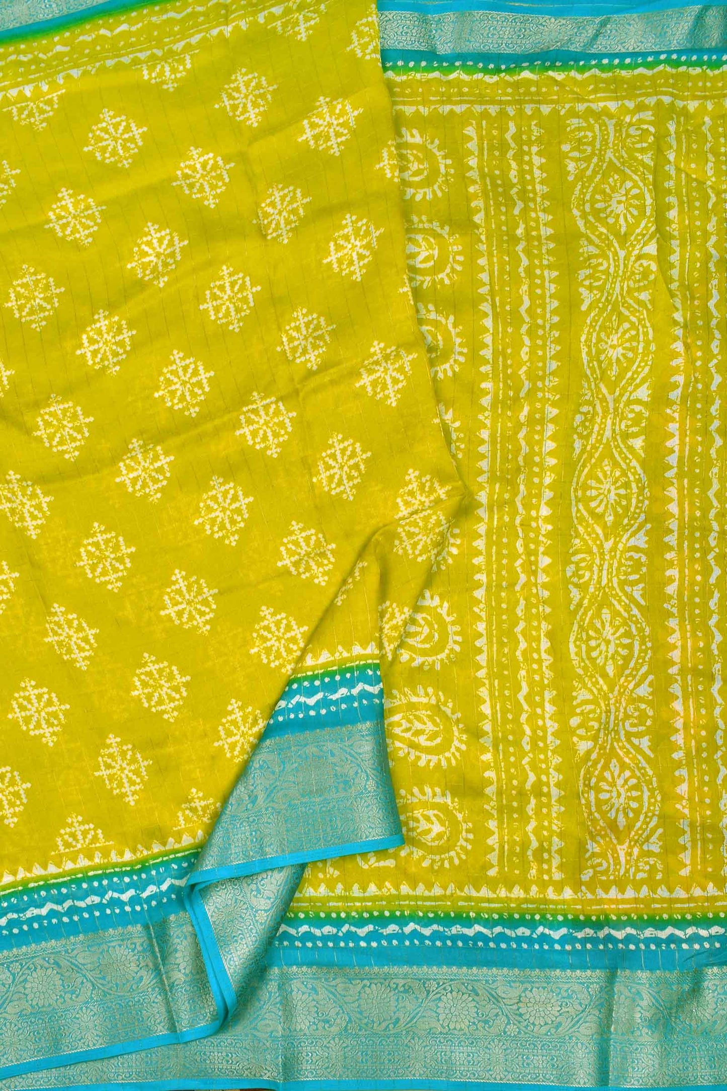 Lime Yellow Soft Marshmallow Fancy Print Contrast Blue Border Saree