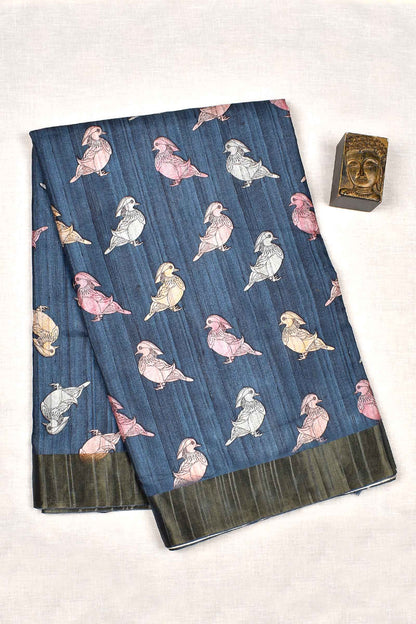 Blue Grey  Kotha Cotton All Over Bird Print Fancy Saree