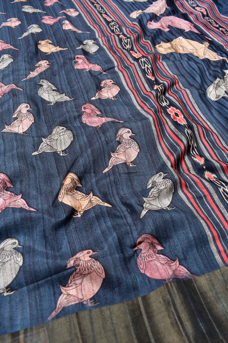 Blue Grey  Kotha Cotton All Over Bird Print Fancy Saree