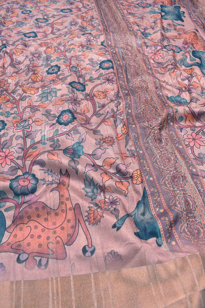 Light Violet Kotha Cotton Dual Deer Peacock Pallu Digital Print Saree