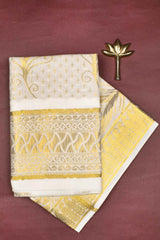 Off White Pure Kerala Cotton Peacock Butta Rich Pallu Paisely Border Golden Zari Border Saree