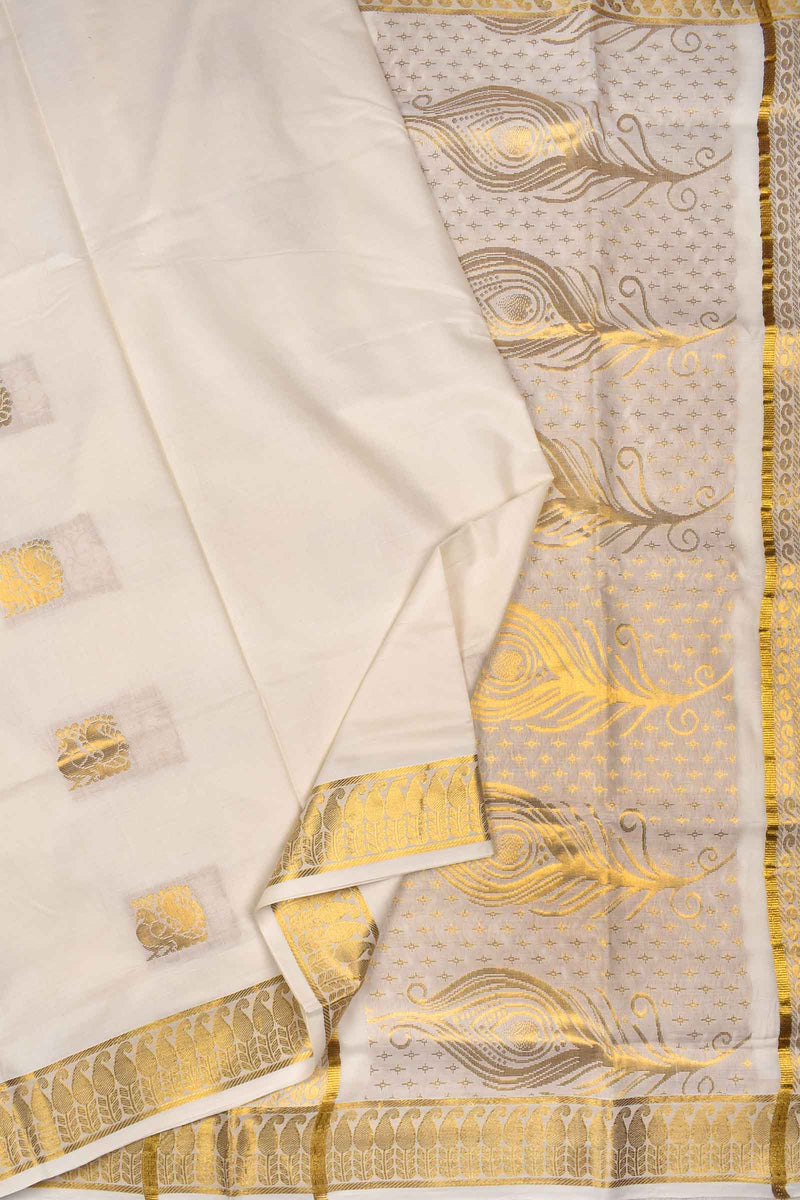 Off White Pure Kerala Cotton Peacock Butta Rich Pallu Paisely Border Golden Zari Border Saree