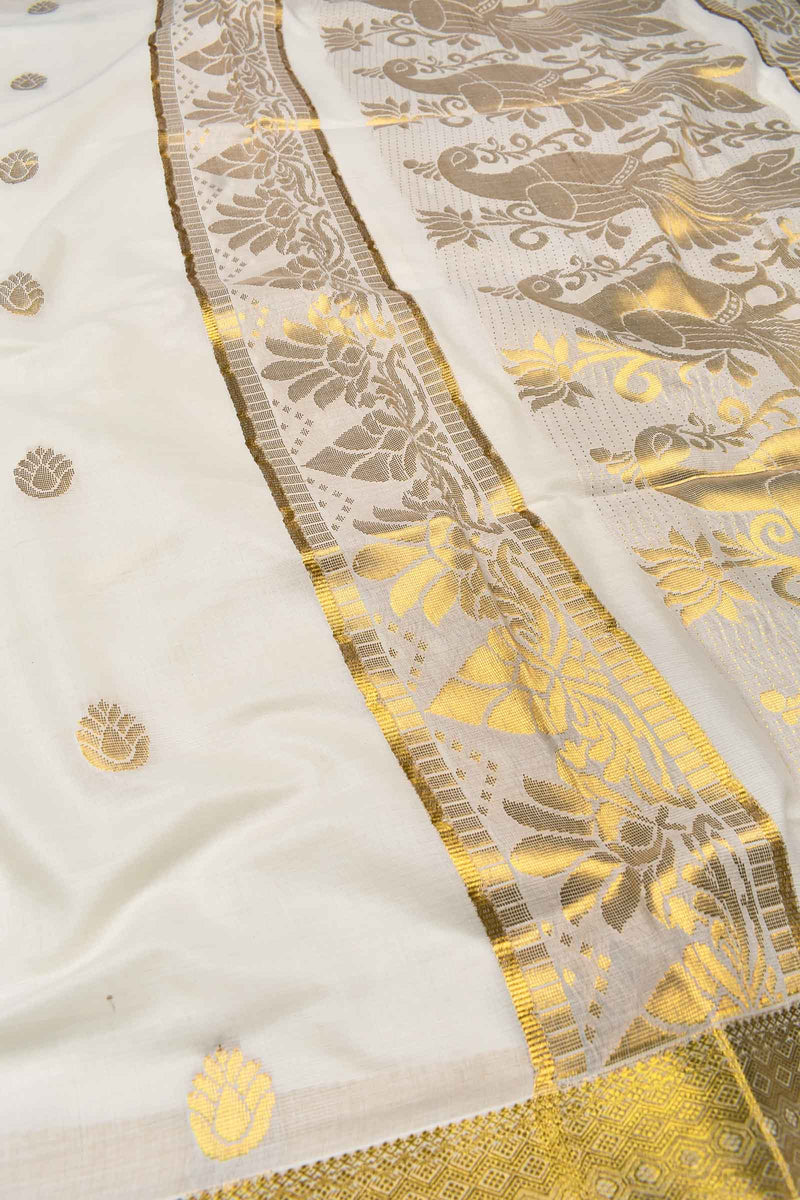 Off White Pure Kerala Cotton Small Butta Rich Peacock Pallu Gold Zari Border Saree