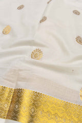 Off White Pure Kerala Cotton Small Butta Rich Peacock Pallu Gold Zari Border Saree