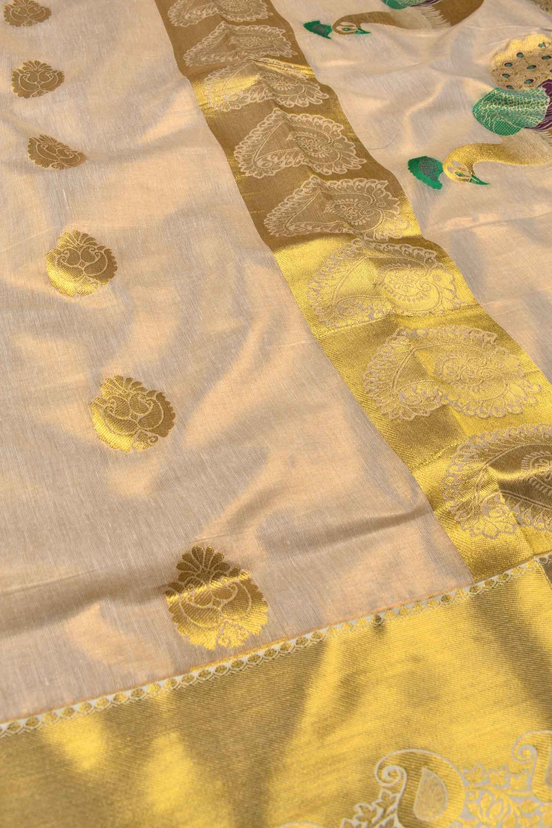 Golden Shade Kerala Tissue Cotton Small Traditional Butta Meena Mayil Pallu Saree