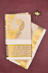 Off White Pure Kerala Cotton Small Butta Mango Pallu Gold Zari Border Saree