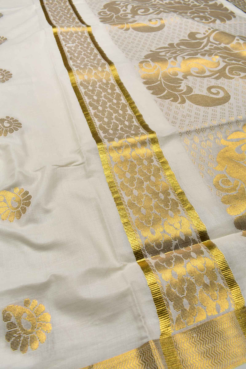 Off White Pure Kerala Cotton Small Butta Mango Pallu Gold Zari Border Saree