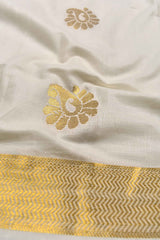 Off White Pure Kerala Cotton Small Butta Mango Pallu Gold Zari Border Saree