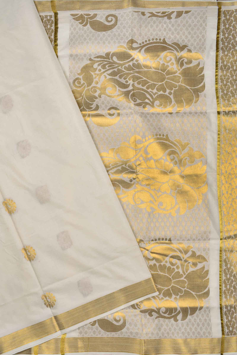 Off White Pure Kerala Cotton Small Butta Mango Pallu Gold Zari Border Saree