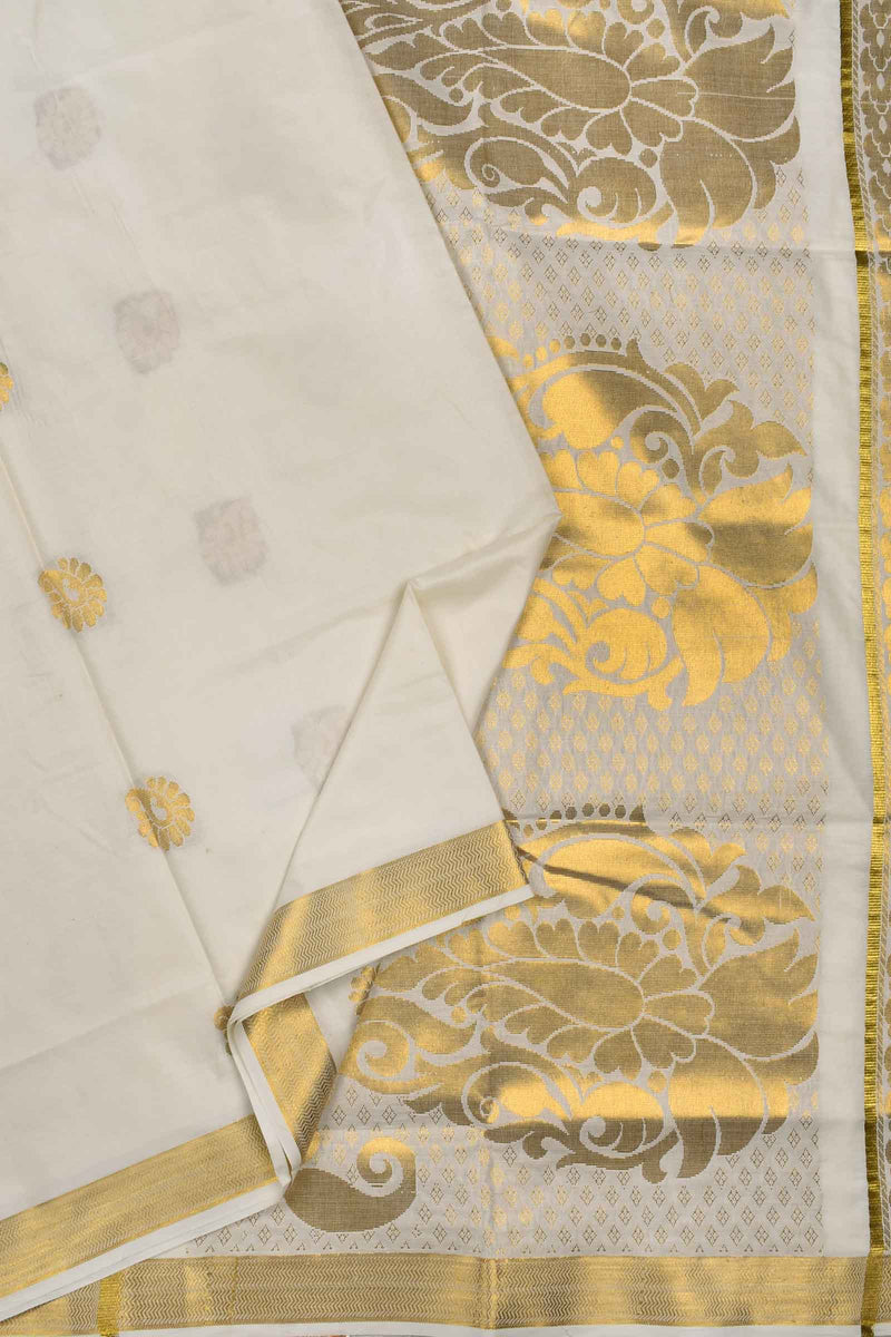 Off White Pure Kerala Cotton Small Butta Mango Pallu Gold Zari Border Saree