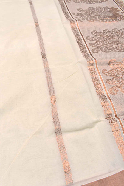 Off White Pure Kerala Cotton Peacock Pallu Copper Zari Saree