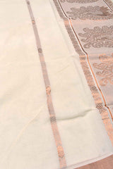 Off White Pure Kerala Cotton Peacock Pallu Copper Zari Saree