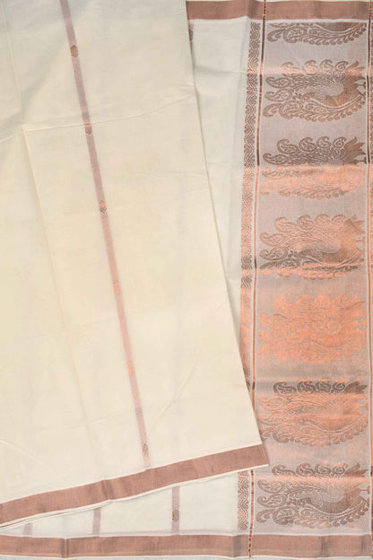 Off White Pure Kerala Cotton Peacock Pallu Copper Zari Saree