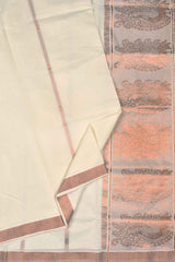 Off White Pure Kerala Cotton Peacock Pallu Copper Zari Saree