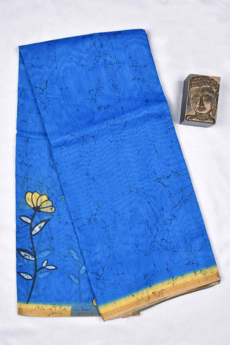 Royal Blue Semi Chanderi Yellow Floral Printed Contrast Blouse Saree