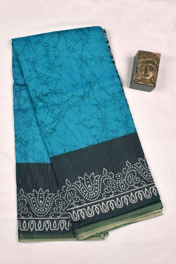 Blue Semi Chanderi Batik Style Printed Contrast Border Saree