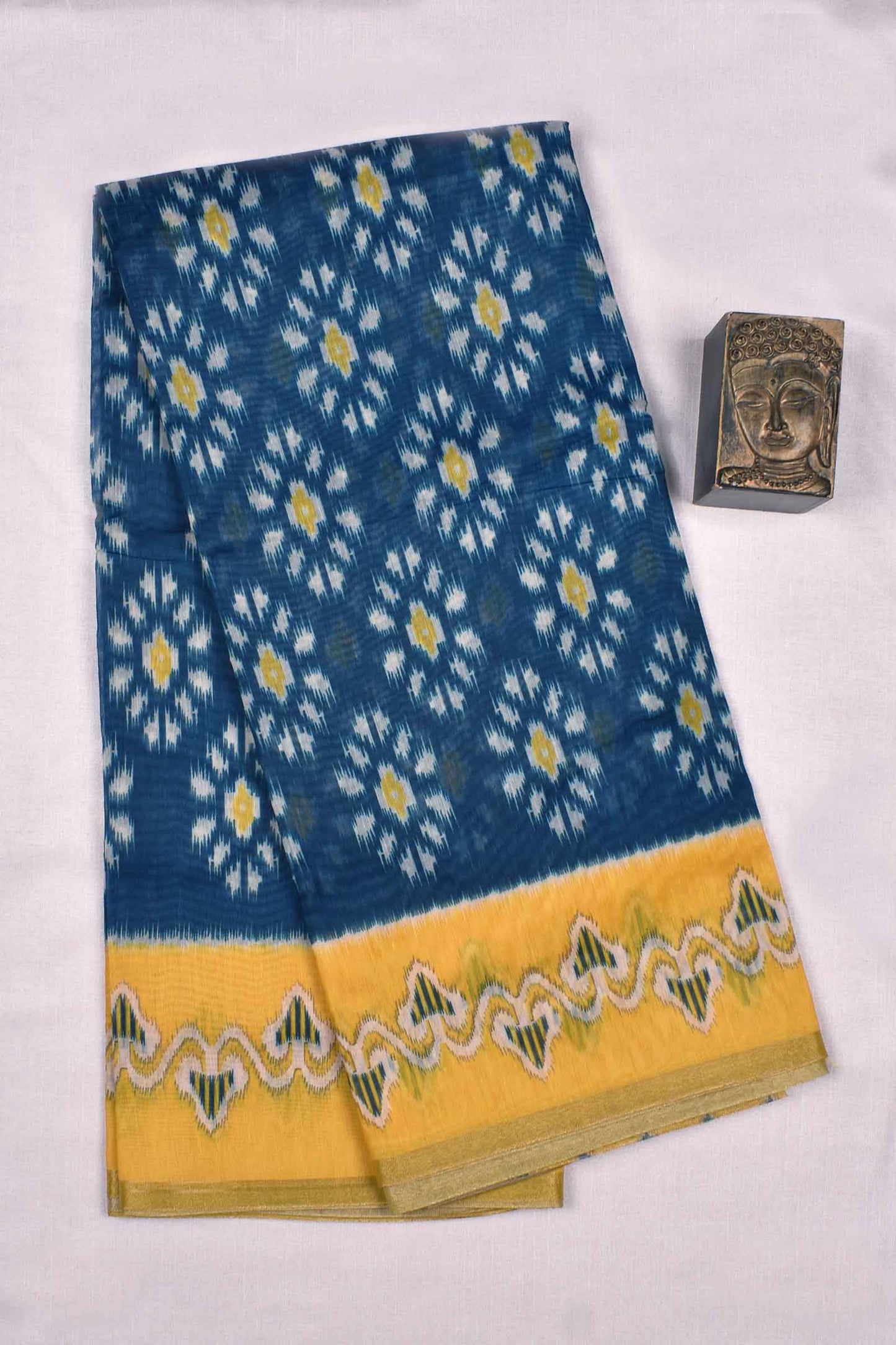 Dark Blue With Yellow Semi Chanderi Ikat Style Printed Contrast Pallu Saree