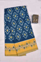 Dark Blue With Yellow Semi Chanderi Ikat Style Printed Contrast Pallu Saree