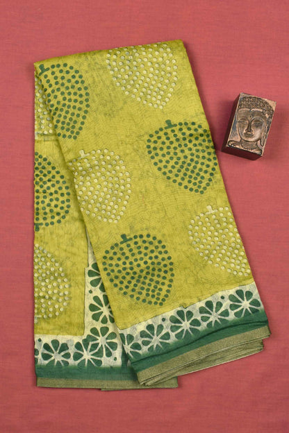 Green Semi Chanderi All Over Leaves Printed Floral Border Saree