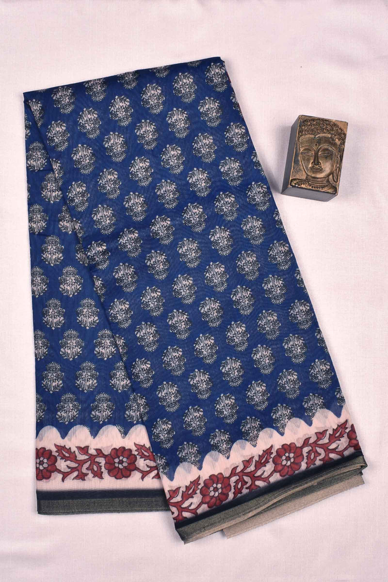 Blue Semi Chanderi Fancy Floral Printed Boder Contrast Pallu Saree