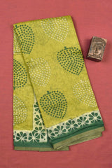 Green Semi Chanderi All Over Leaves Printed Floral Border Saree