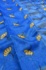 Royal Blue Semi Chanderi Yellow Floral Printed Contrast Blouse Saree