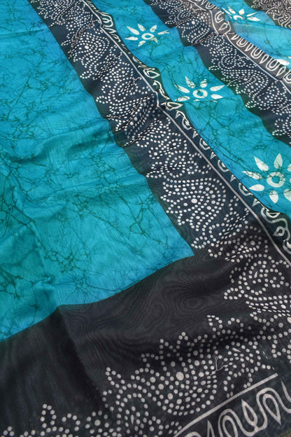 Blue Semi Chanderi Batik Style Printed Contrast Border Saree