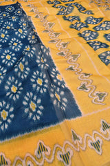 Dark Blue With Yellow Semi Chanderi Ikat Style Printed Contrast Pallu Saree