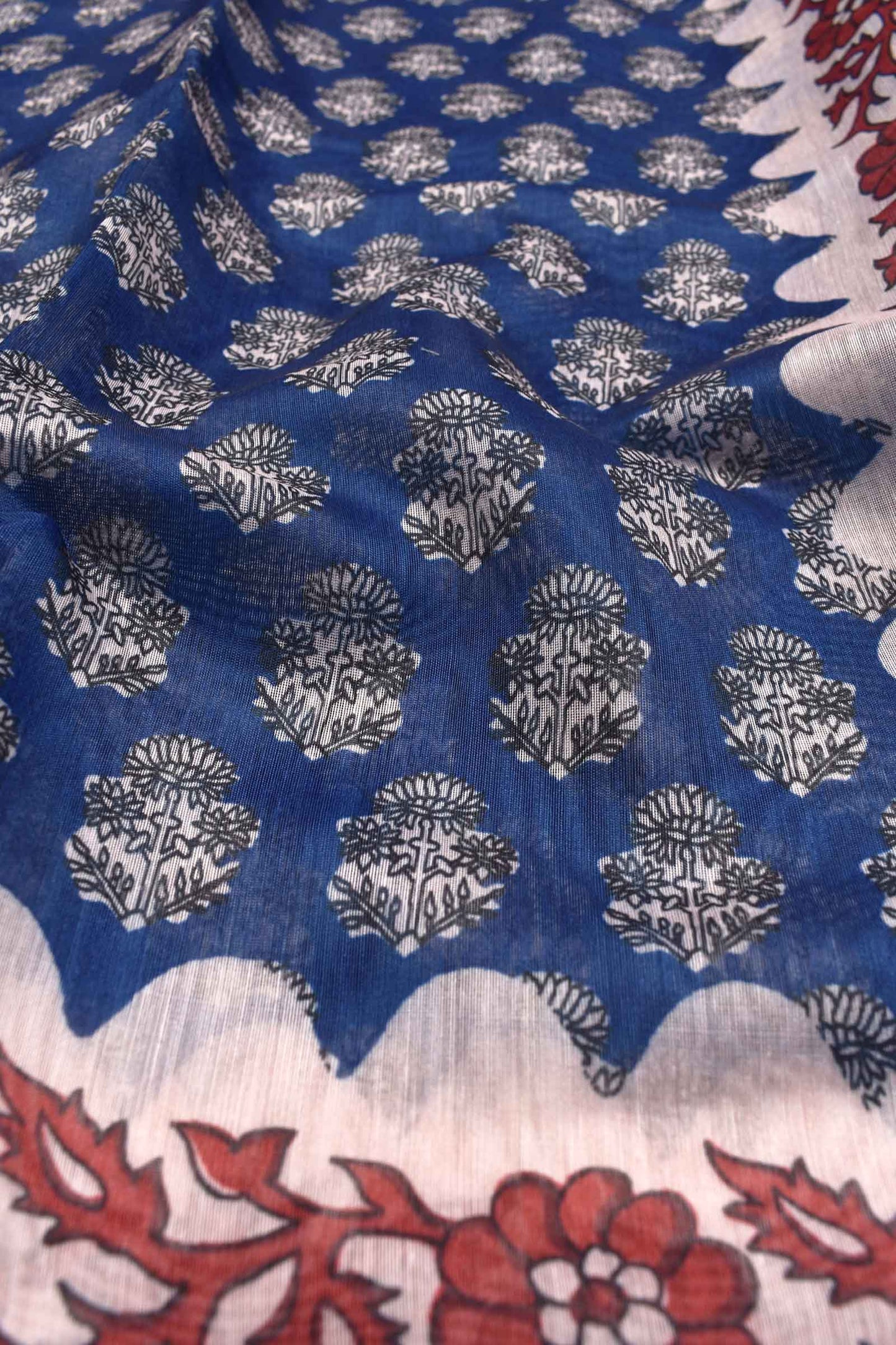 Blue Semi Chanderi Fancy Floral Printed Boder Contrast Pallu Saree