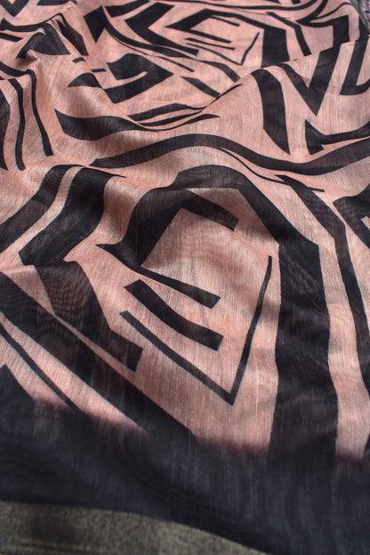 Pastel Peach With Black Semi Chanderi Fancy Abstracts Peacock  Pallu Saree