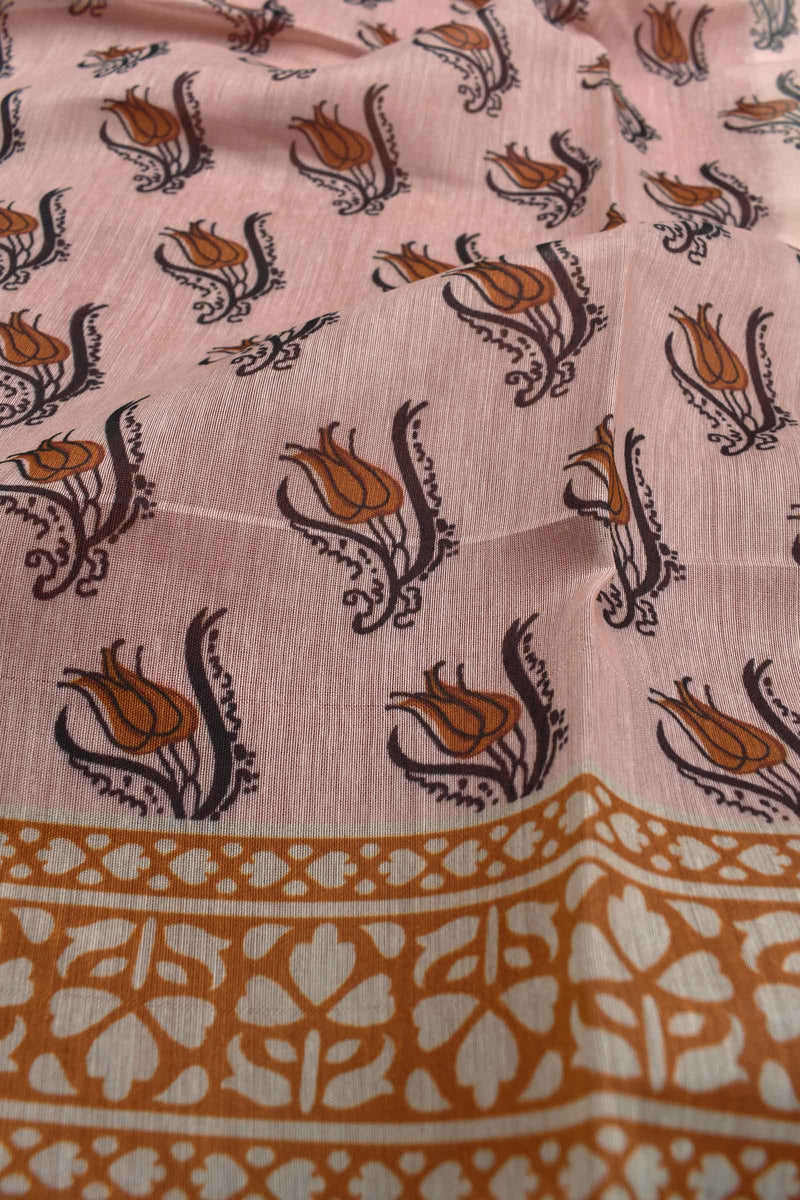 Light Pink Semi Chanderi All Over Floral Design Contrast Pallu Saree