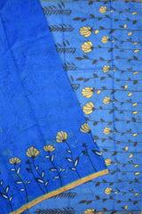 Royal Blue Semi Chanderi Yellow Floral Printed Contrast Blouse Saree