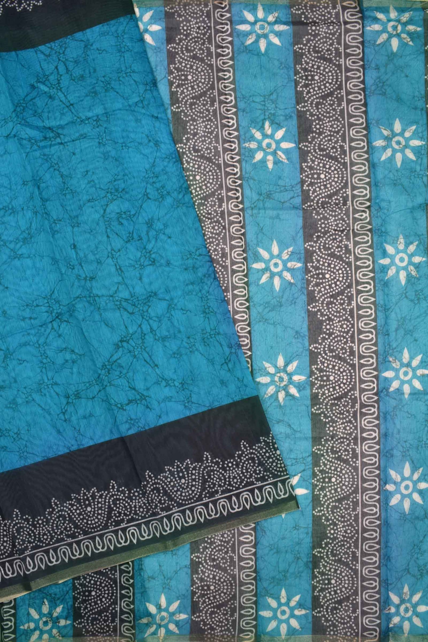 Blue Semi Chanderi Batik Style Printed Contrast Border Saree