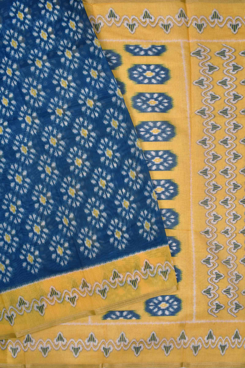 Dark Blue With Yellow Semi Chanderi Ikat Style Printed Contrast Pallu Saree