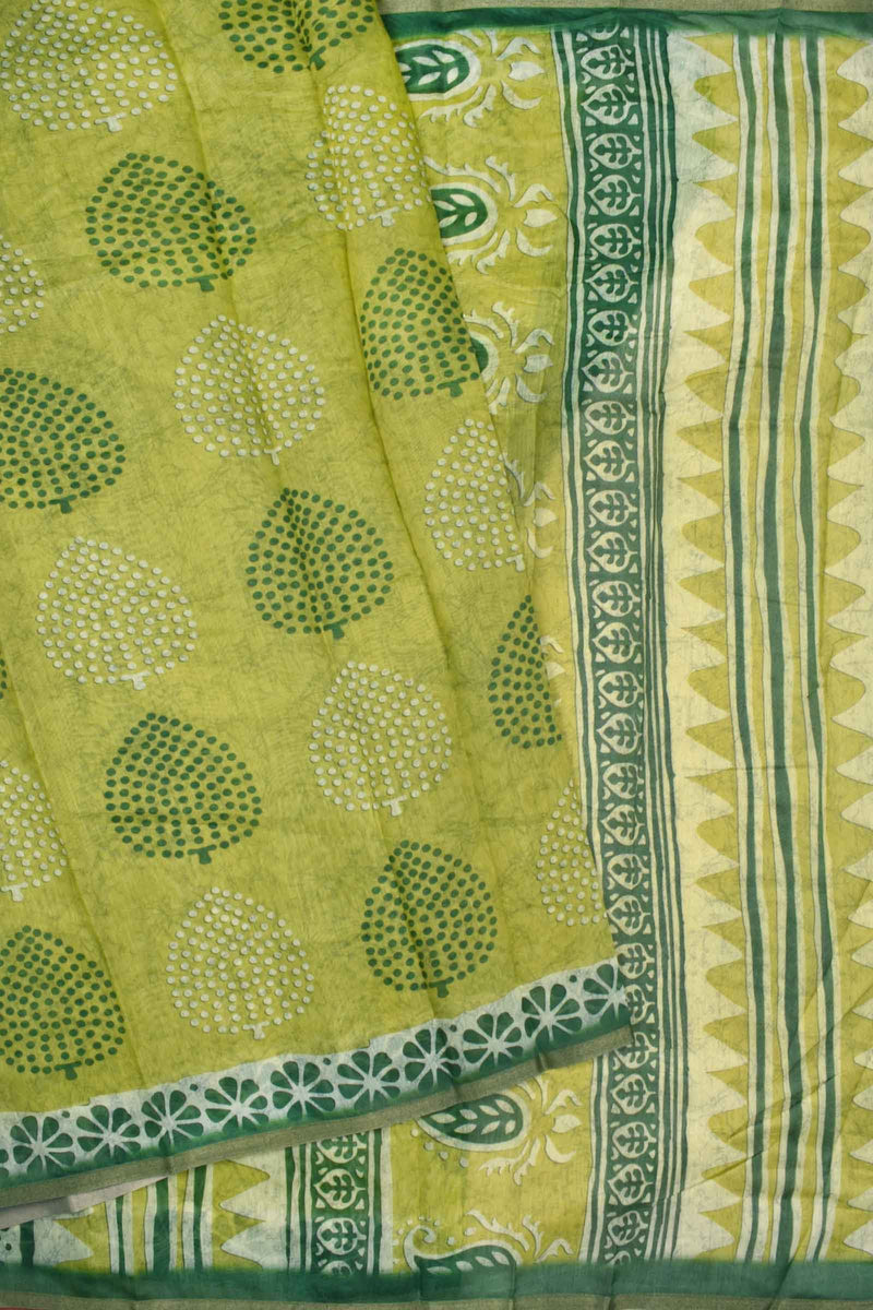 Green Semi Chanderi All Over Leaves Printed Floral Border Saree