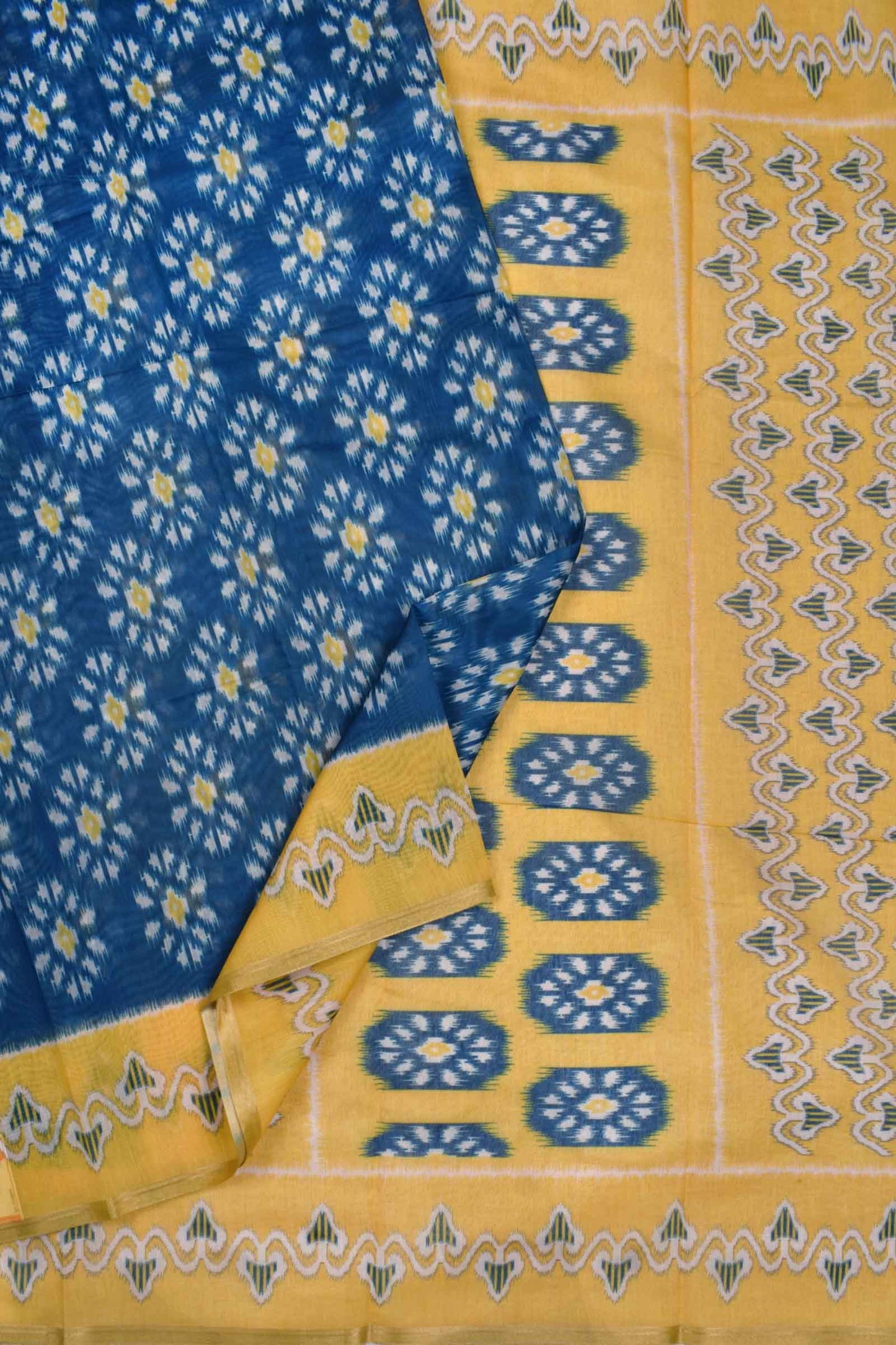 Dark Blue With Yellow Semi Chanderi Ikat Style Printed Contrast Pallu Saree