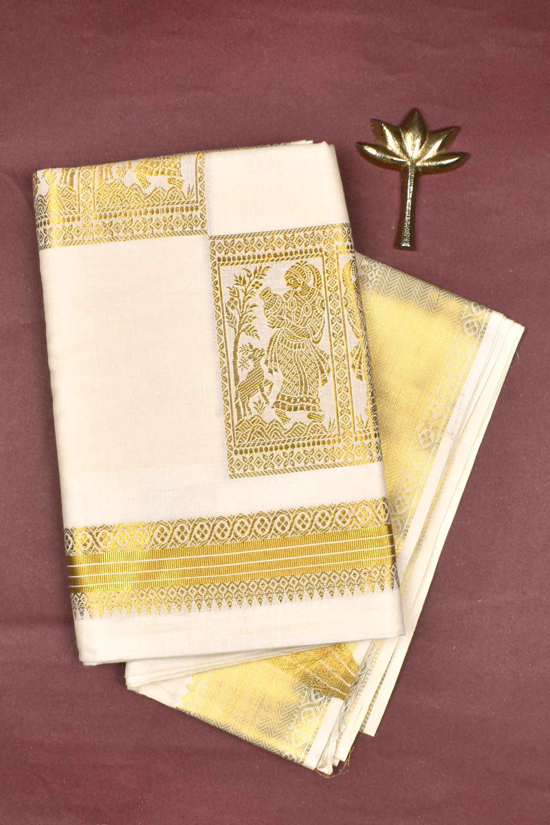 Off White Pure Kerala Cotton Small Square Butta Fancy Squares Pallu Gold Zari Border Saree