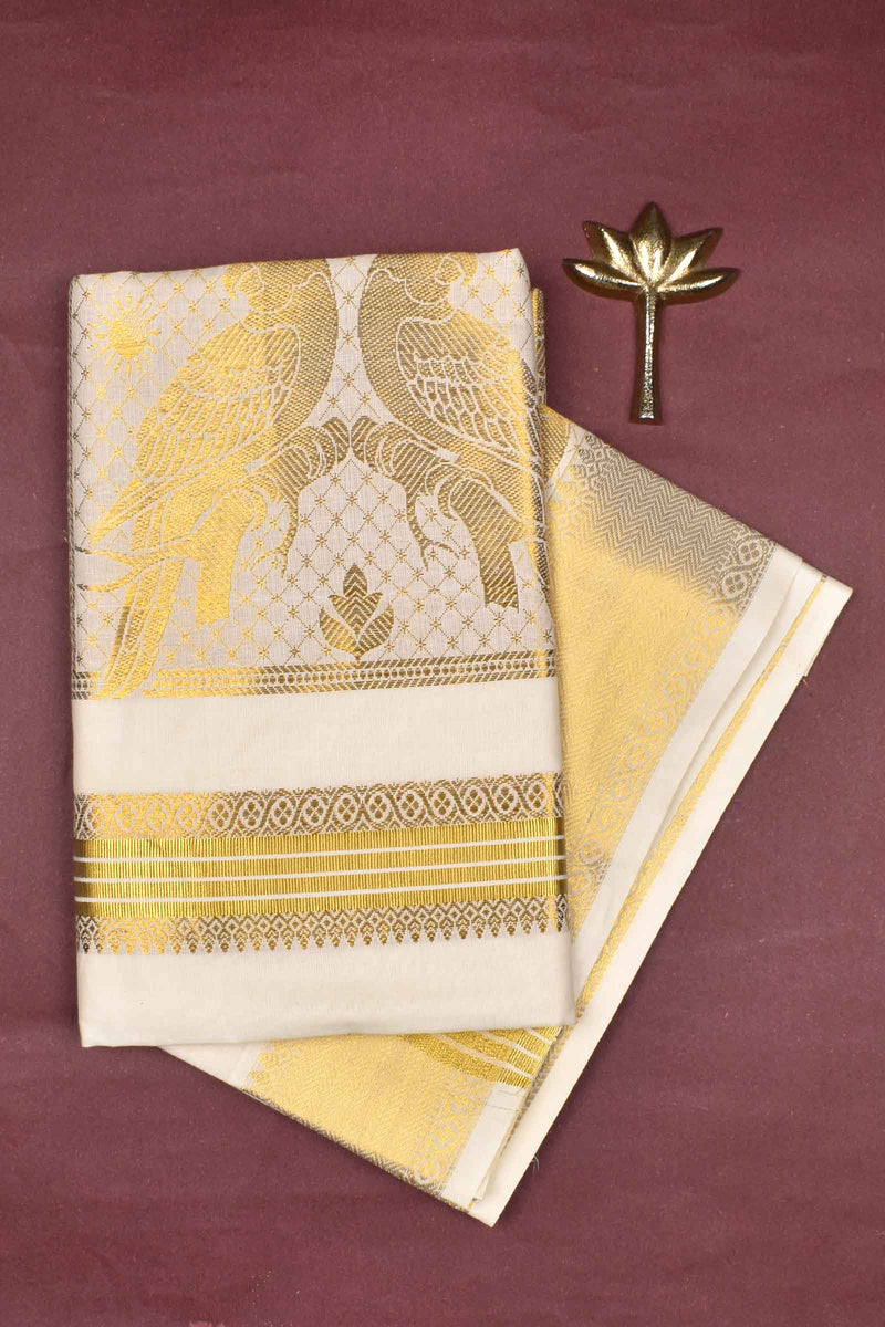 Off White Pure Kerala Cotton Sqauares Butta Rich Peacock Pallu Gold Border Sareee