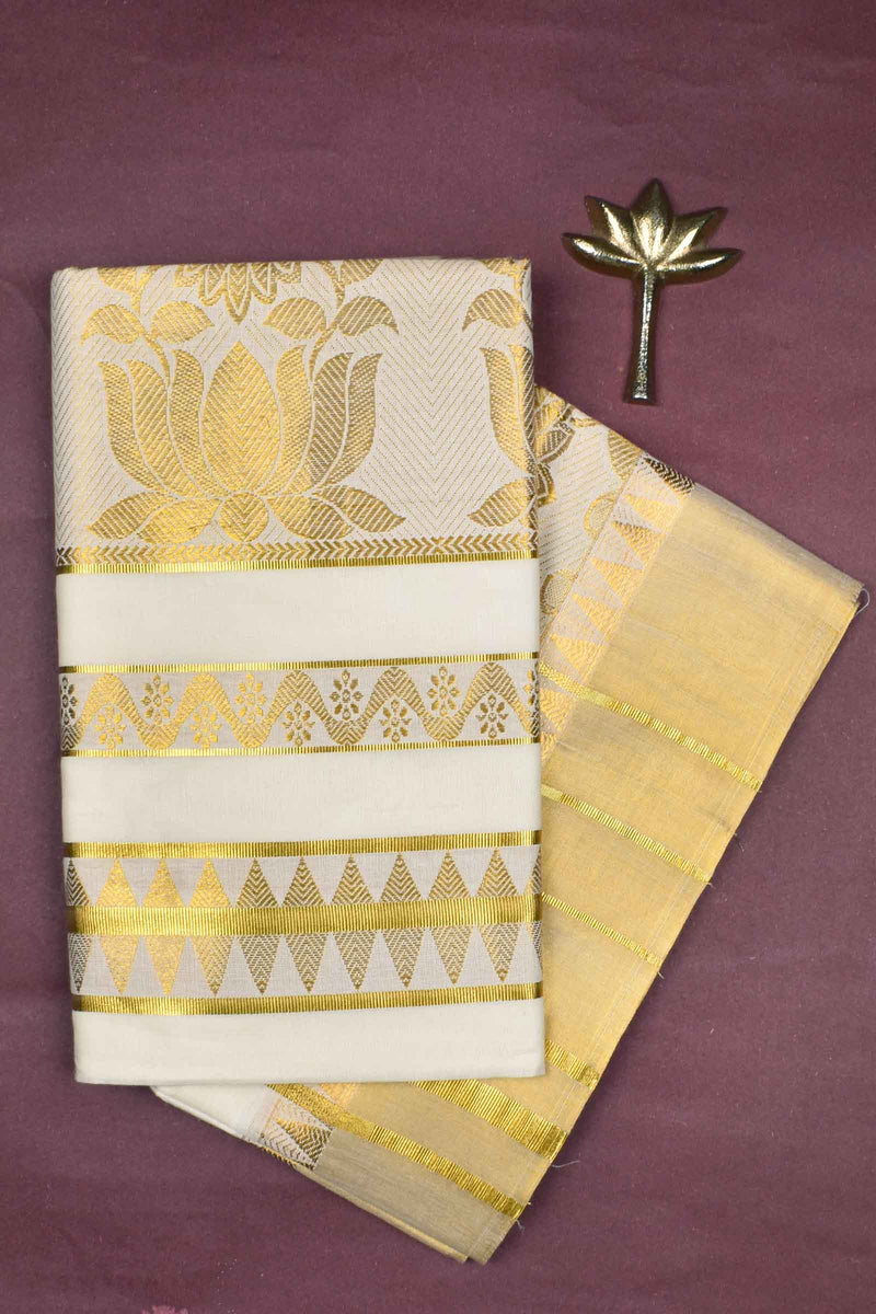 Off White Pure Kerala Cotton Vertical Stripes Butta Lotus Pallu Gold Border Saree